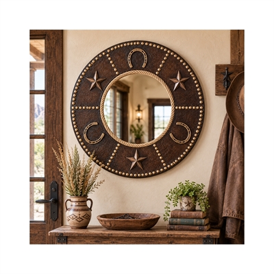 36 inch Round Embossed Leather Mirror